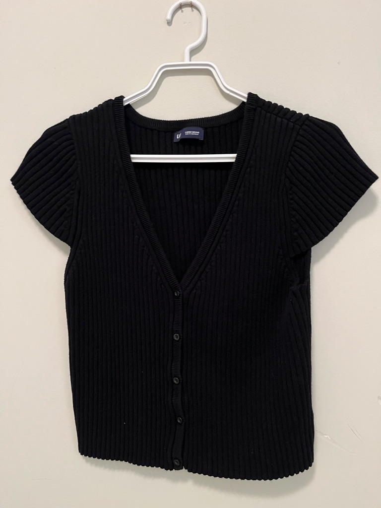 Gap Cotton Cropped Black Ribbed Button-Front Short Sleeve Knit Top Cardigan